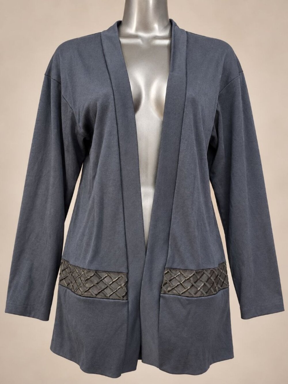 Vintage HMJ Open Front Long Cardigan S Black Lattice Trim USA Avant Garde Layers